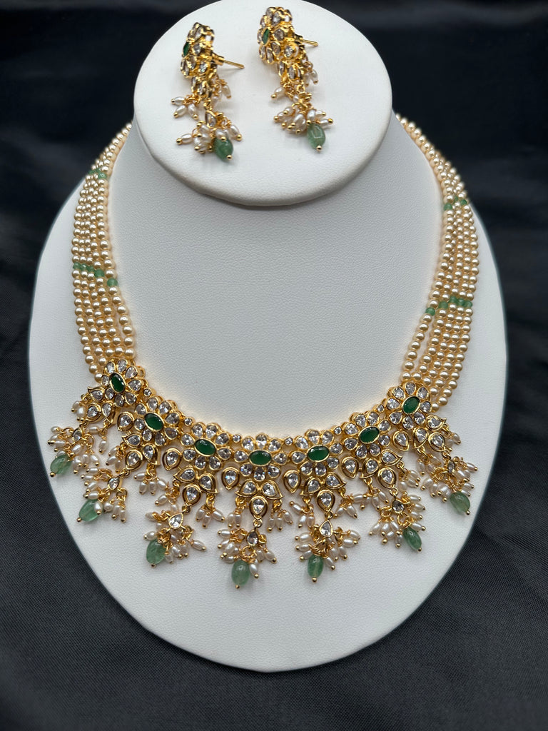 Original Swarovski pearls with emerald beads with cz stones pendant with matching earrings