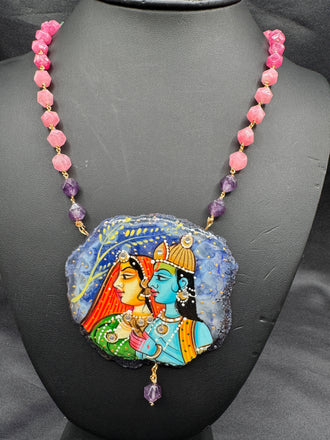 Natural sea Crystal hand painting Radha & Krishna pendant