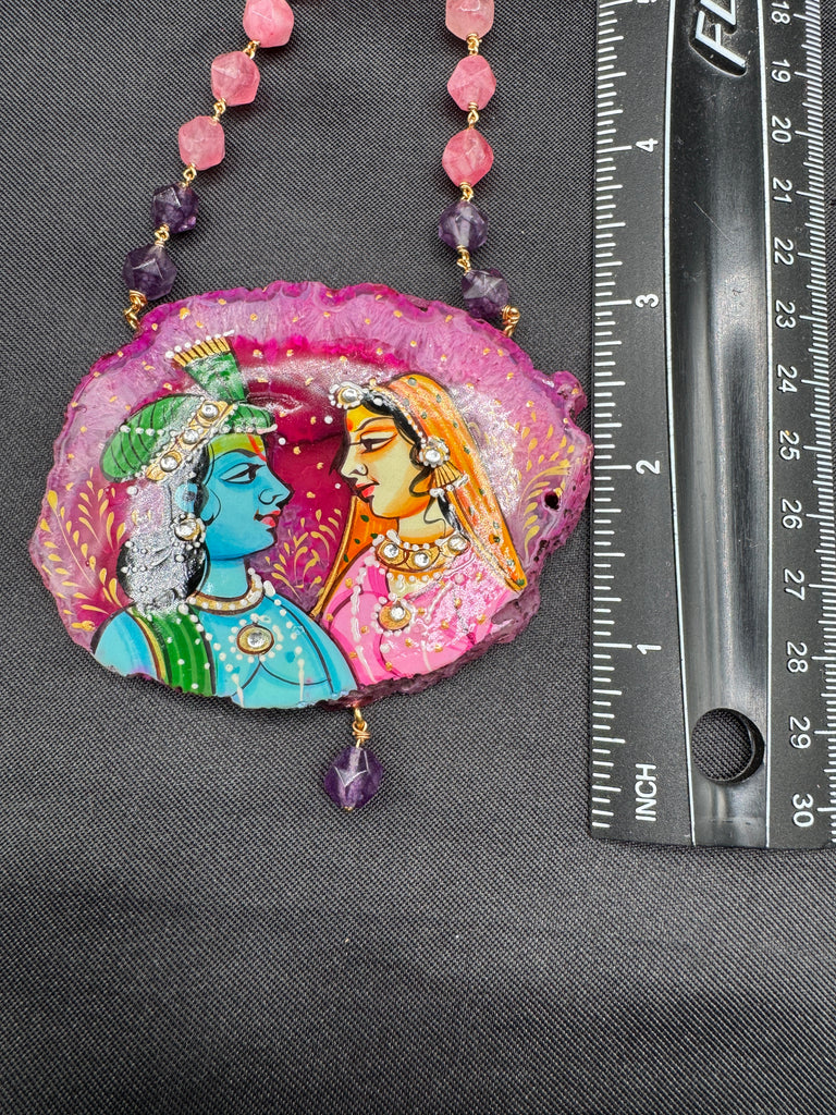 Natural pink sea Crystal hand-painting Radha & Krishna pendant