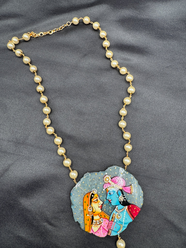 Light gray natural sea crystal hand painting Radha & Krishna pendant with Swarovski pearls chain