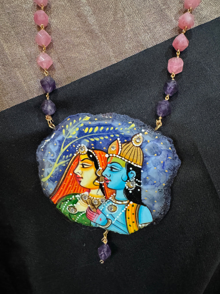 Natural sea Crystal hand painting Radha & Krishna pendant