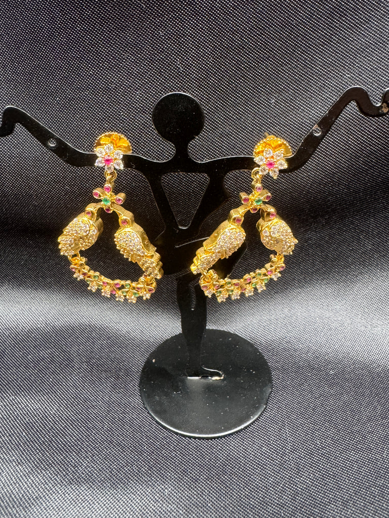 Cz stones and ruby stones birds design chandbali earrings