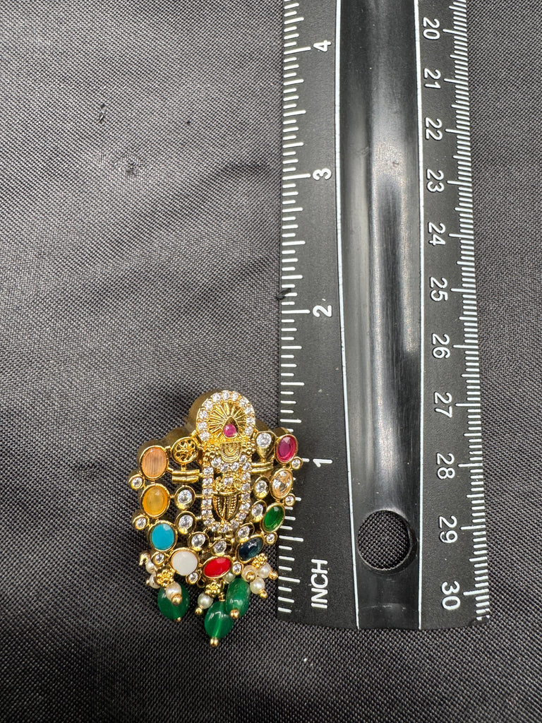 Long three-line Emerald bead chain with Navrathana Stones Venkateshwara Swamy pendant with matching earrings