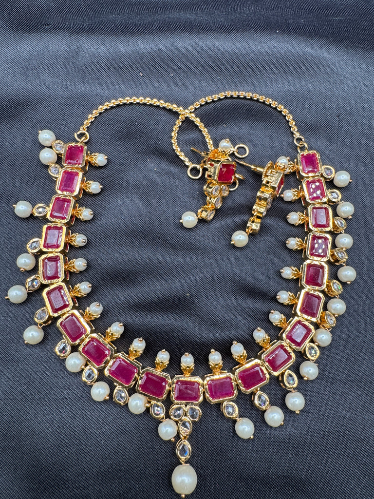 Ruby stones and uncut Stones and pearls necklace set