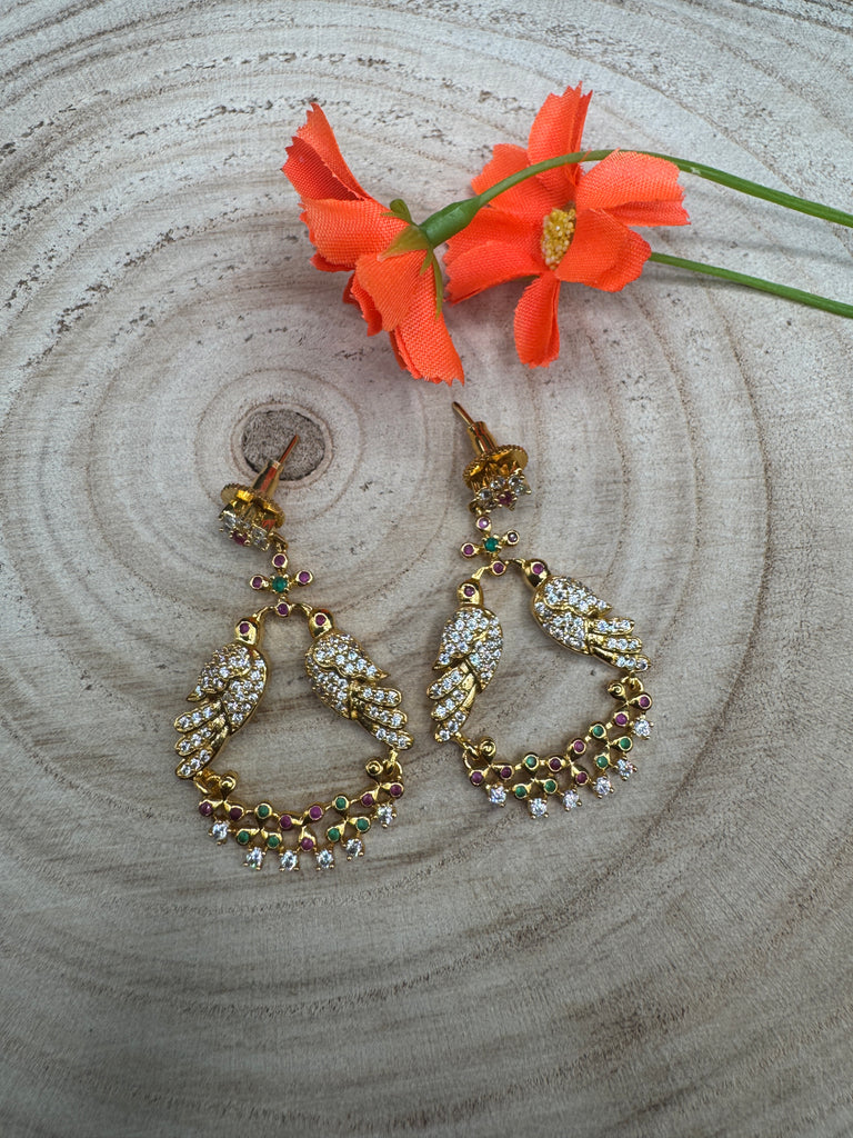 Cz stones and ruby stones birds design chandbali earrings