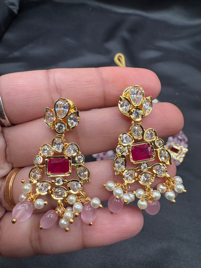 Pink & Red beads with cute CZ stones small pendant with matching earrings