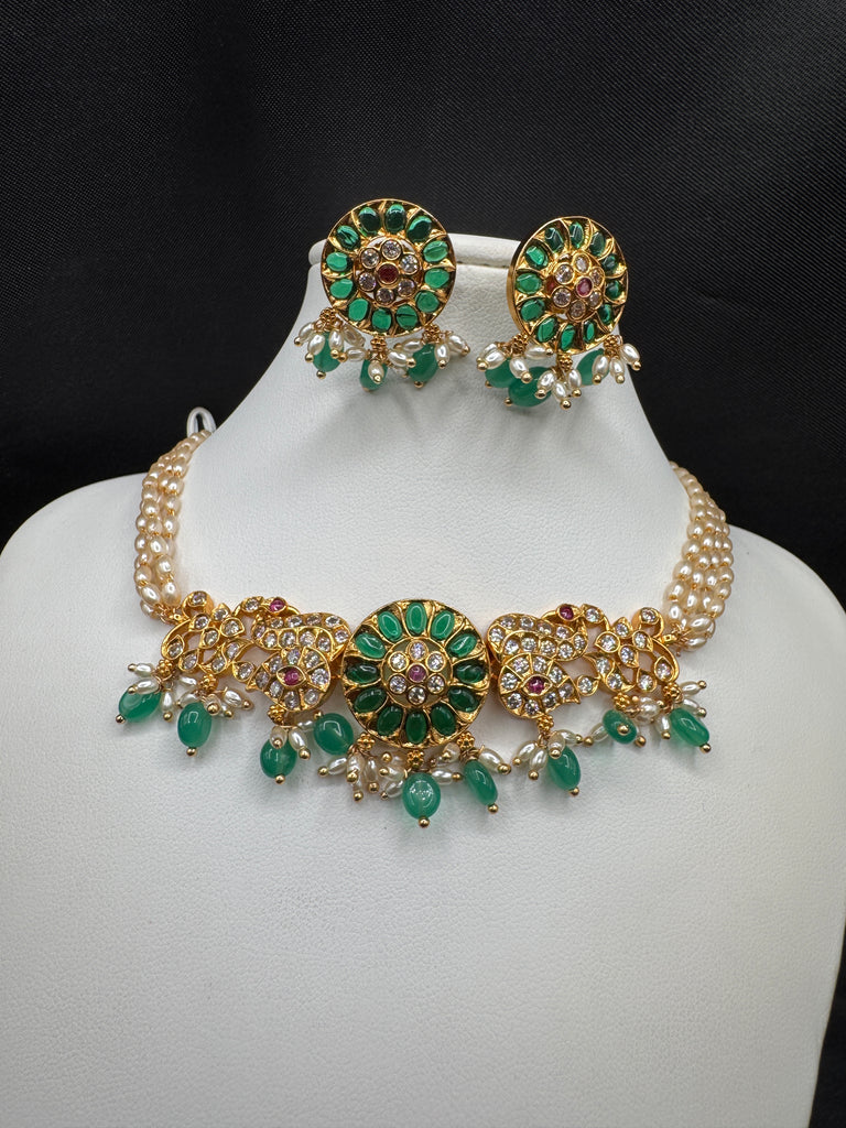 Pearl with CZ stones and emerald pendant & earrings