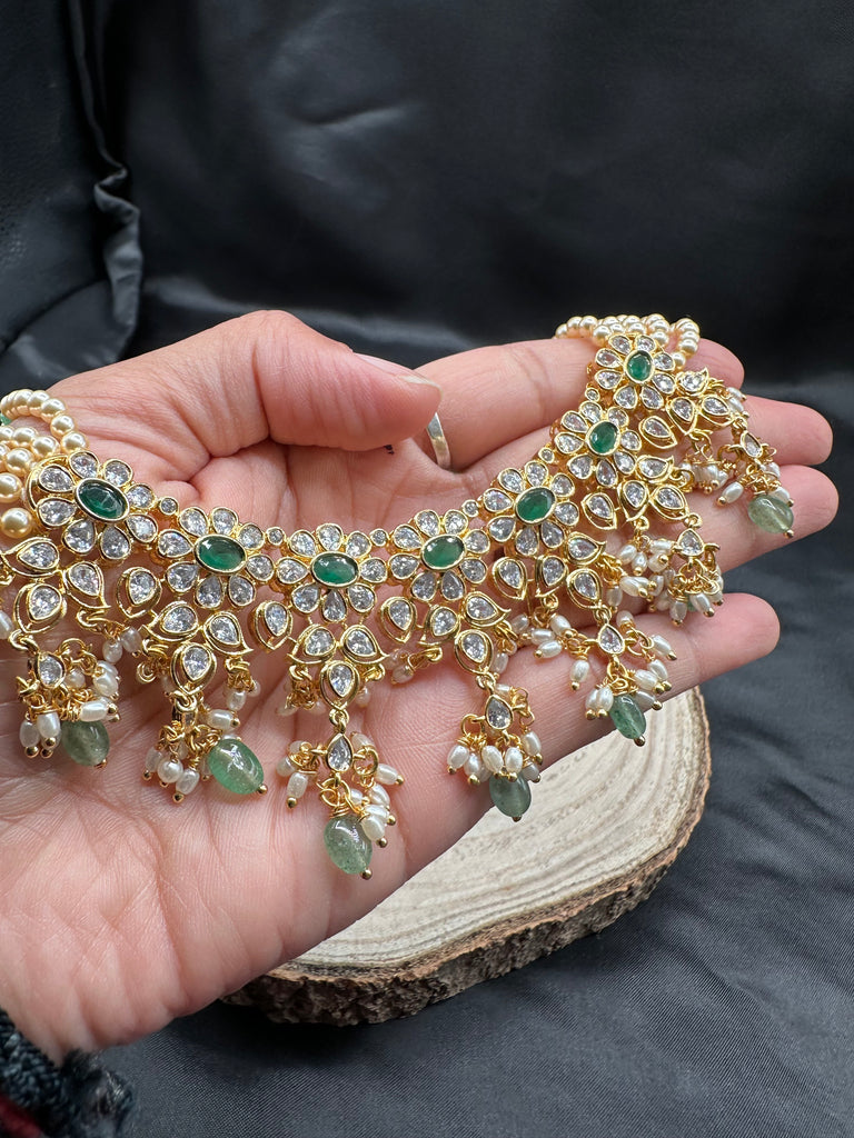 Original Swarovski pearls with emerald beads with cz stones pendant with matching earrings