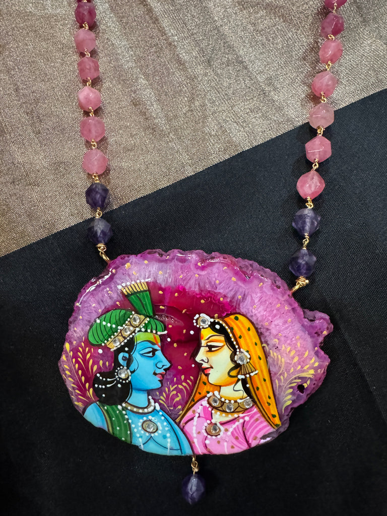 Natural pink sea Crystal hand-painting Radha & Krishna pendant