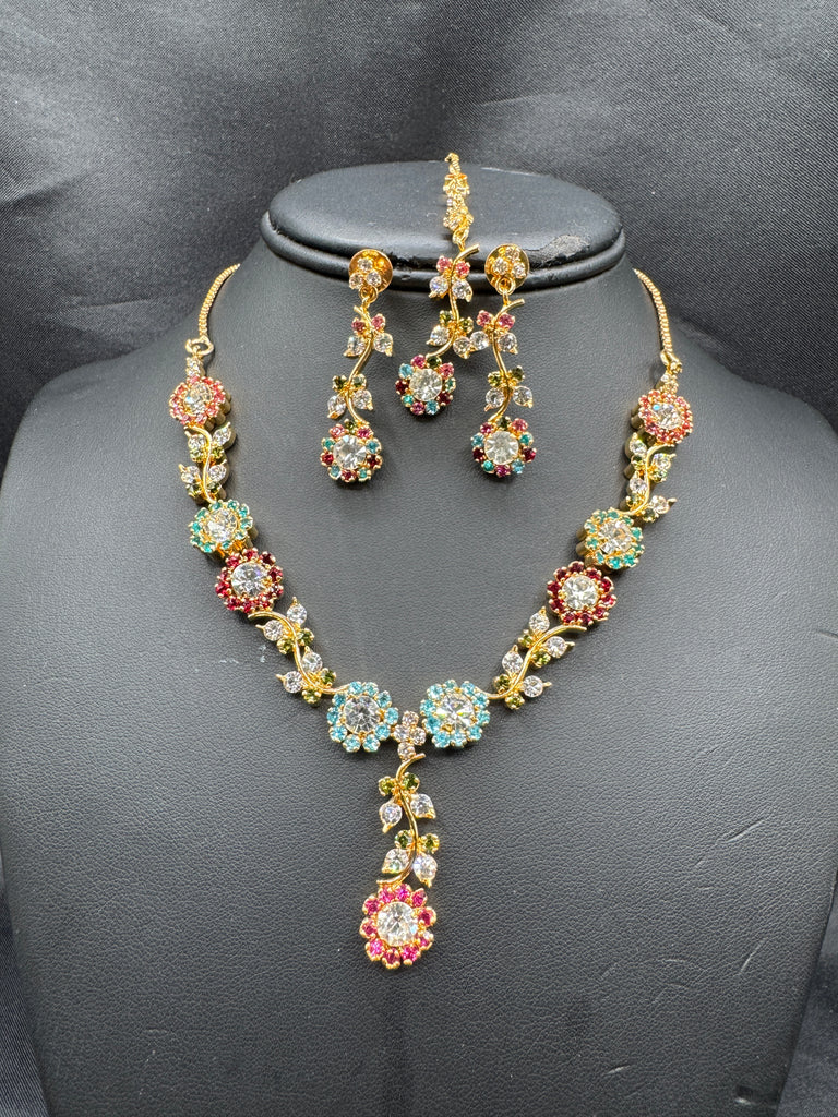 Cute multicolor stone necklace set with a tikka