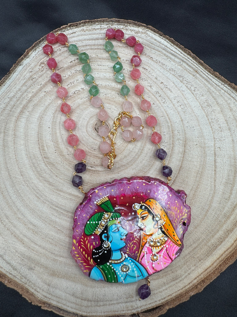 Natural pink sea Crystal hand-painting Radha & Krishna pendant