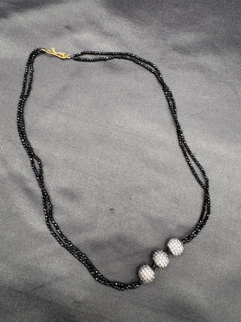 Double line black diamond beads with cz stones ball pendant
