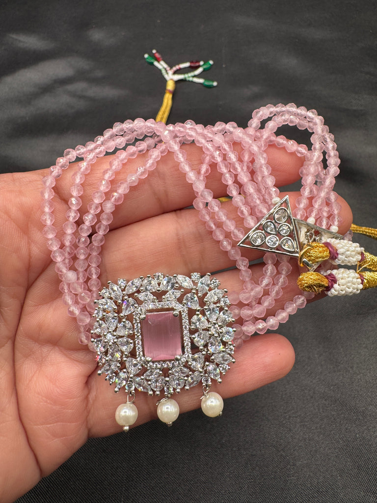 Light baby Pink beads with cz stones pendant and matching earrings choker set