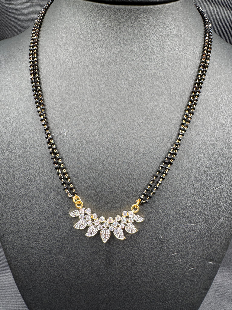 Leaf design cz stones pendant with a double line black beads chain