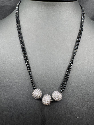 Double line black diamond beads with cz stones ball pendant