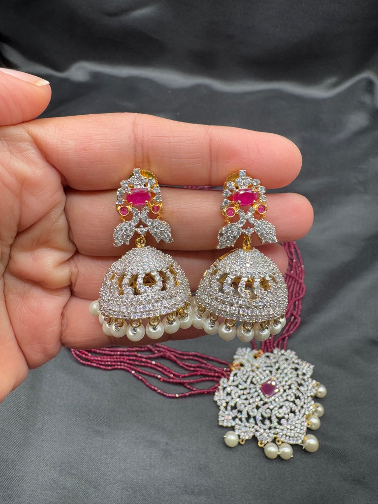 High-quality pink color beads with cz Stones peacock design pendant with matching jumka earrings
