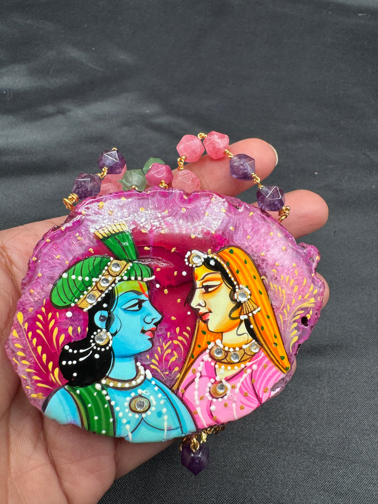 Natural pink sea Crystal hand-painting Radha & Krishna pendant
