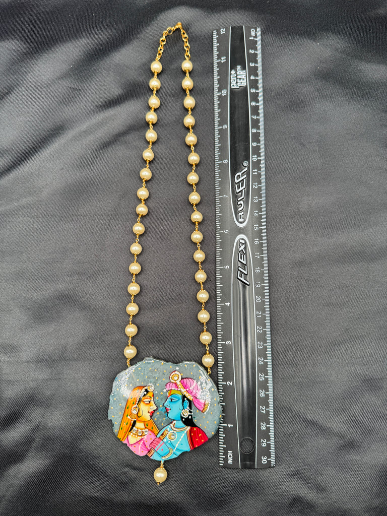 Light gray natural sea crystal hand painting Radha & Krishna pendant with Swarovski pearls chain