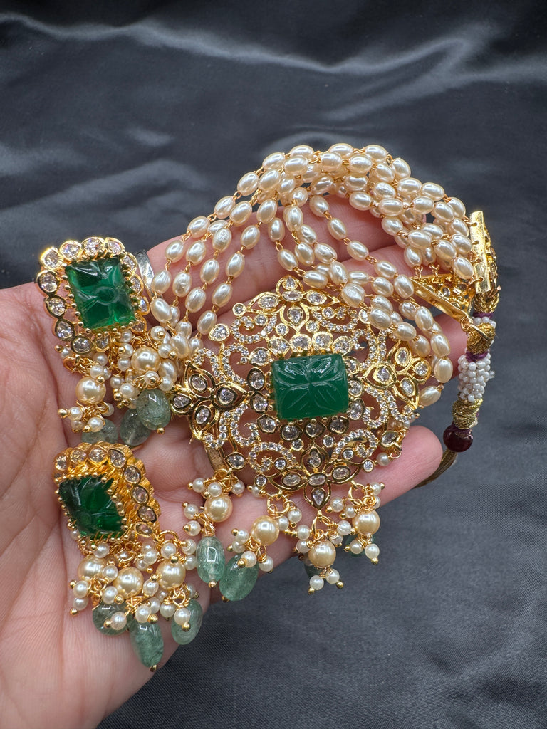 Pearl with CZ stones and emerald pendant & earrings