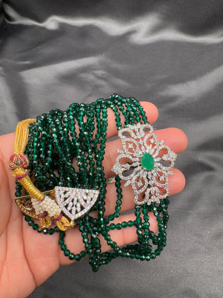 Emerald beads chain with CZ stones pendant with matching earrings