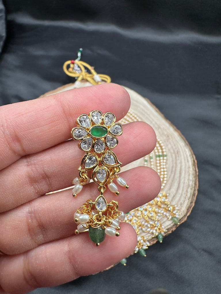 Original Swarovski pearls with emerald beads with cz stones pendant with matching earrings