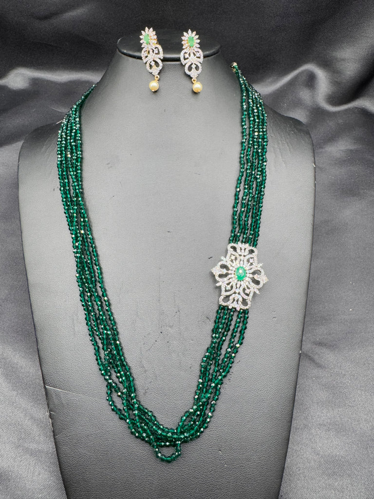 Emerald beads chain with CZ stones pendant with matching earrings