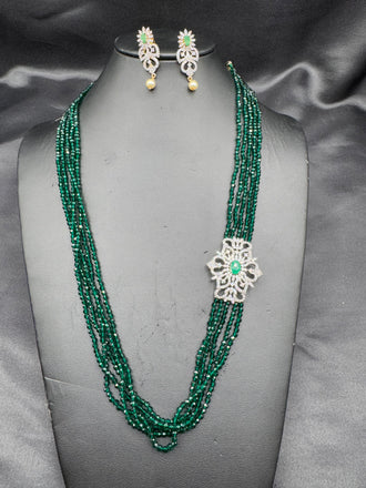 Emerald beads chain with CZ stones pendant with matching earrings