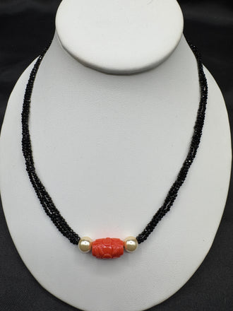 Natural Coral engraved flower with Swarovski pearls black diamond beads chain