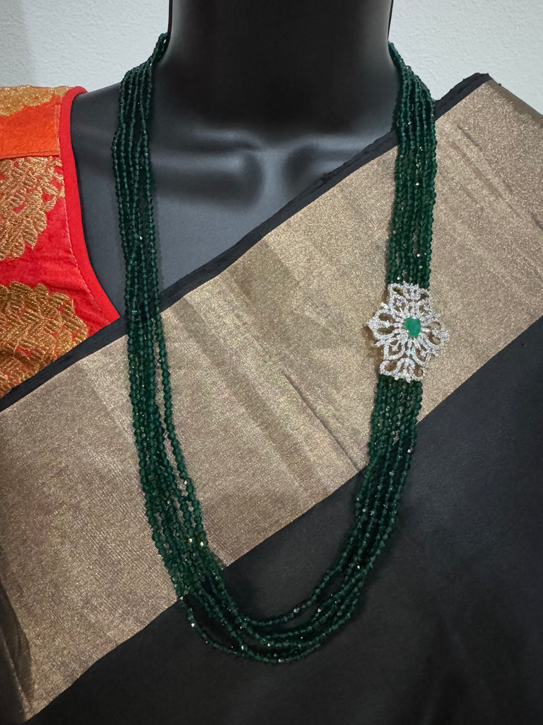Emerald beads chain with CZ stones pendant with matching earrings