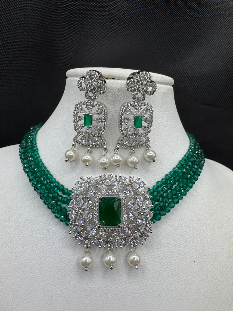 Emerald beads with cute CZ stones small pendant with matching earrings