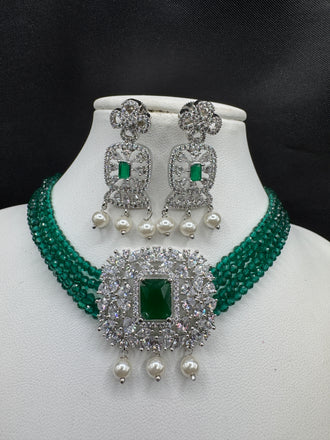 Emerald beads with cute CZ stones small pendant with matching earrings