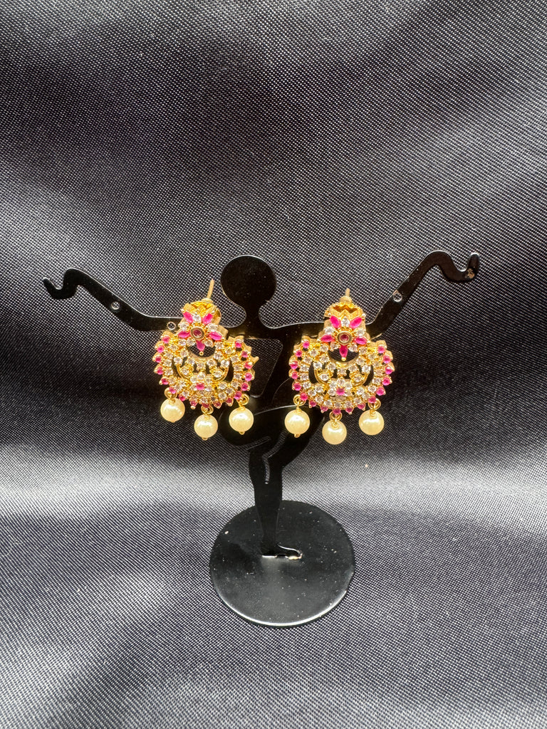Ruby stones and cz stones with pearls chandbali earrings