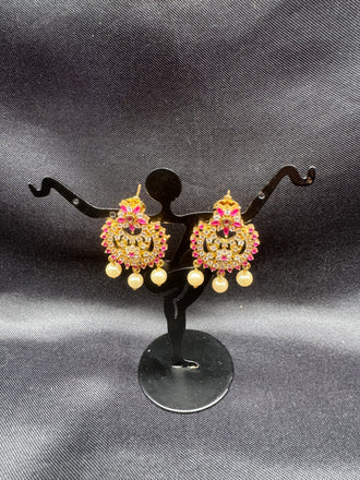 Ruby stones and cz stones with pearls chandbali earrings