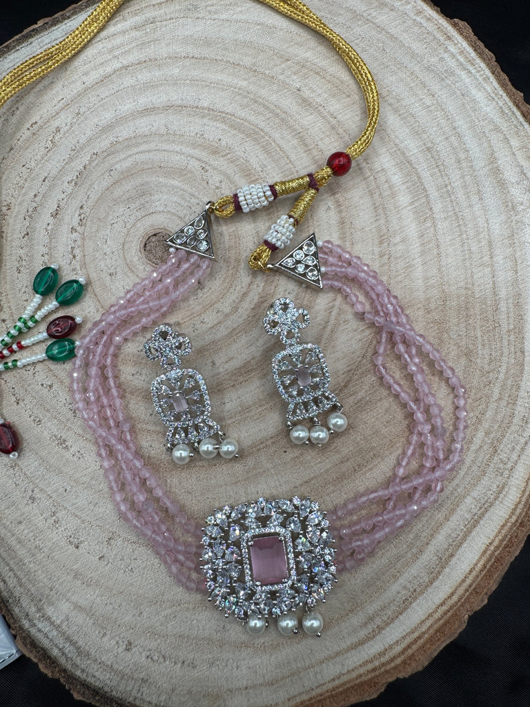 Light baby Pink beads with cz stones pendant and matching earrings choker set