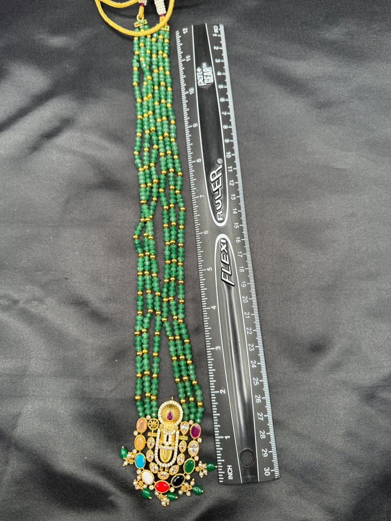 Long three-line Emerald bead chain with Navrathana Stones Venkateshwara Swamy pendant with matching earrings