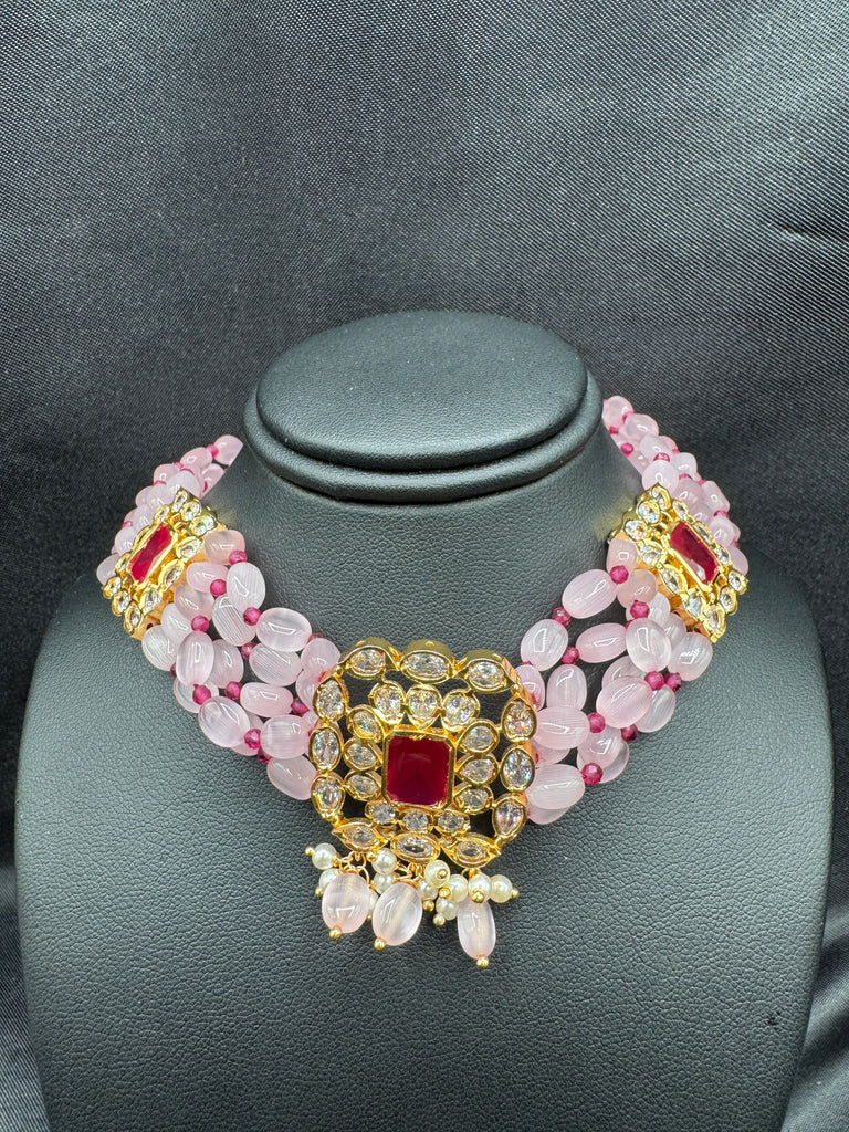 Pink & Red beads with cute CZ stones small pendant with matching earrings