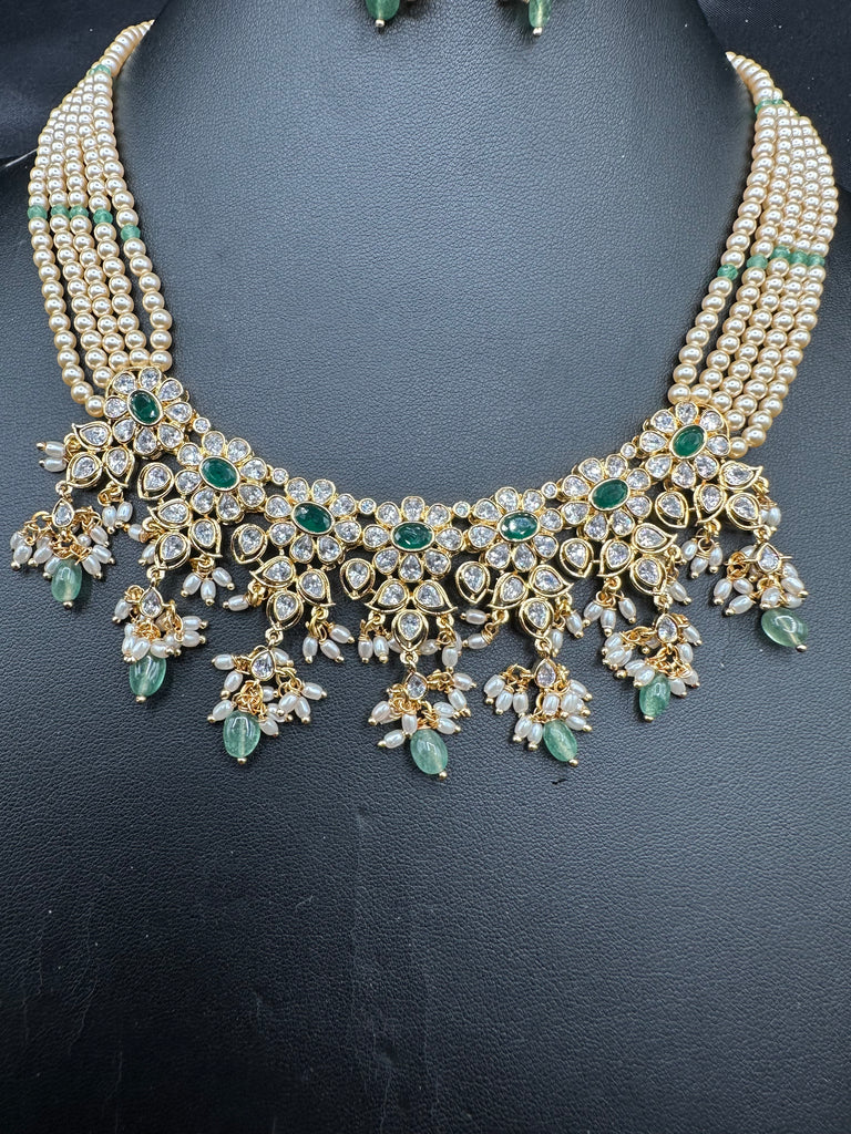 Original Swarovski pearls with emerald beads with cz stones pendant with matching earrings