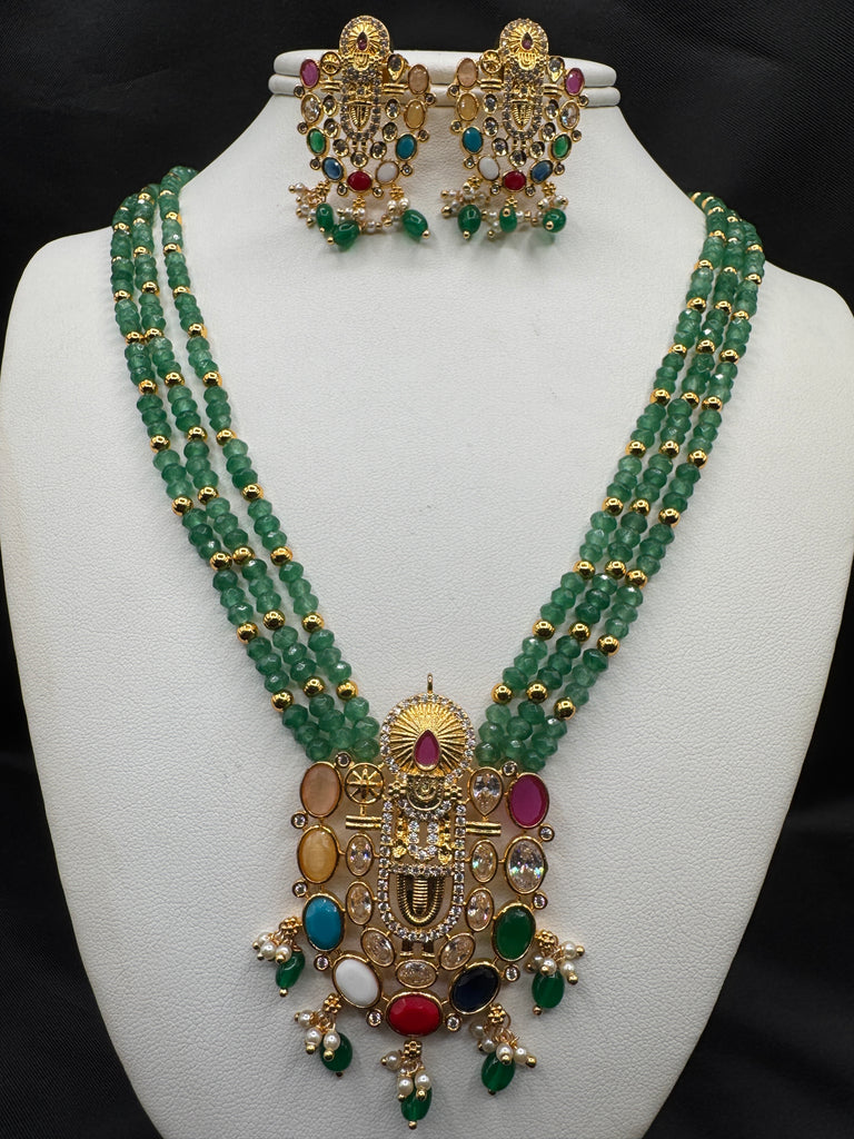 Long three-line Emerald bead chain with Navrathana Stones Venkateshwara Swamy pendant with matching earrings