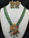 Long three-line Emerald bead chain with Navrathana Stones Venkateshwara Swamy pendant with matching earrings