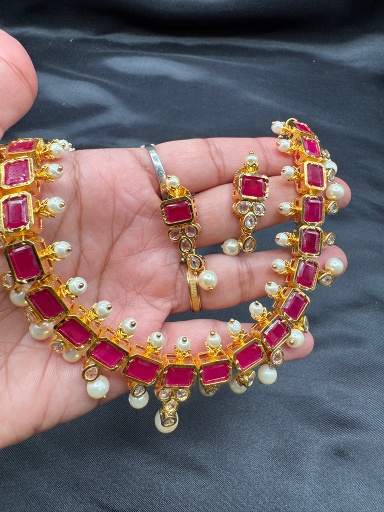 Ruby stones and uncut Stones and pearls necklace set