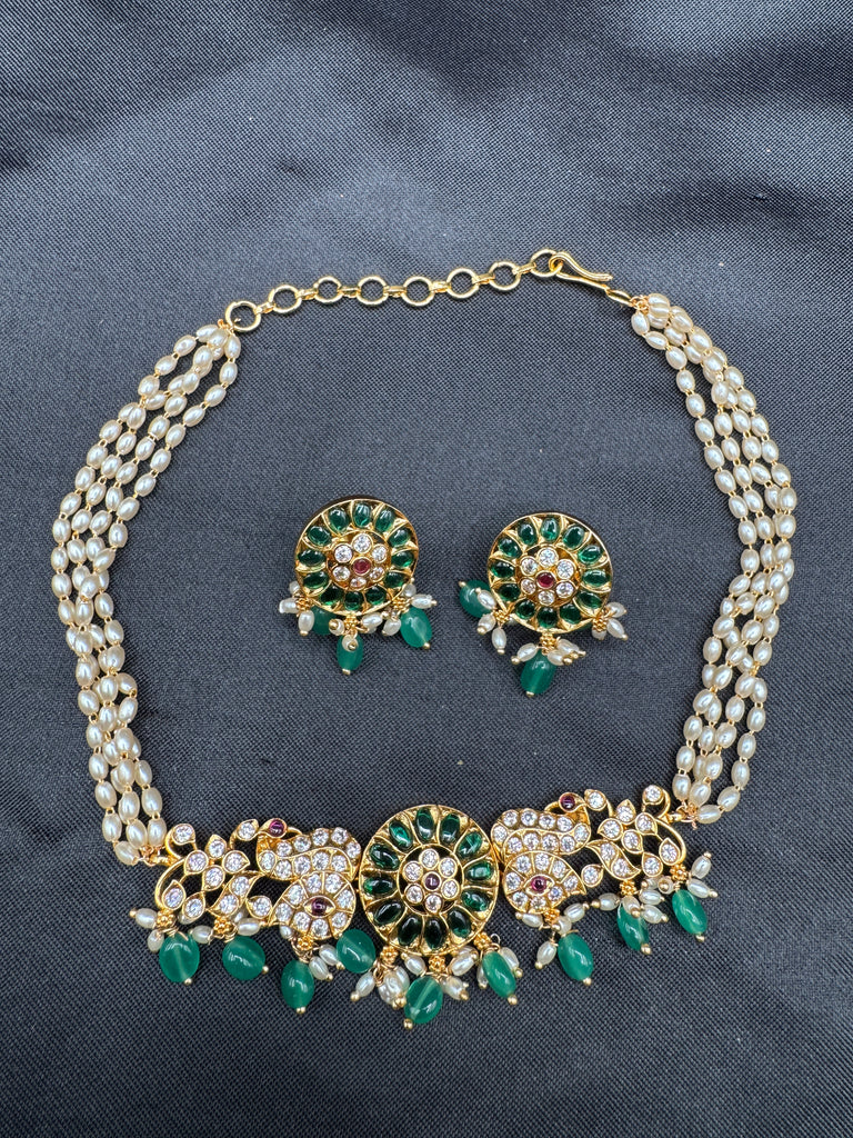 Pearl with CZ stones and emerald pendant & earrings