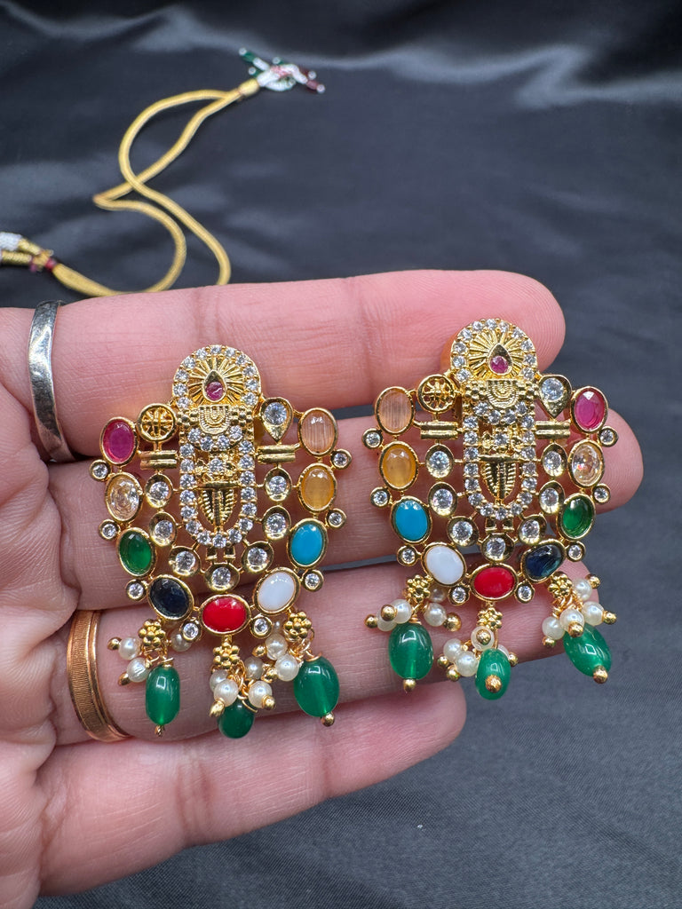 Long three-line Emerald bead chain with Navrathana Stones Venkateshwara Swamy pendant with matching earrings