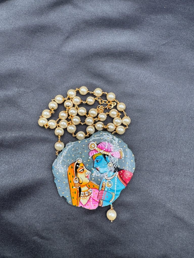 Light gray natural sea crystal hand painting Radha & Krishna pendant with Swarovski pearls chain