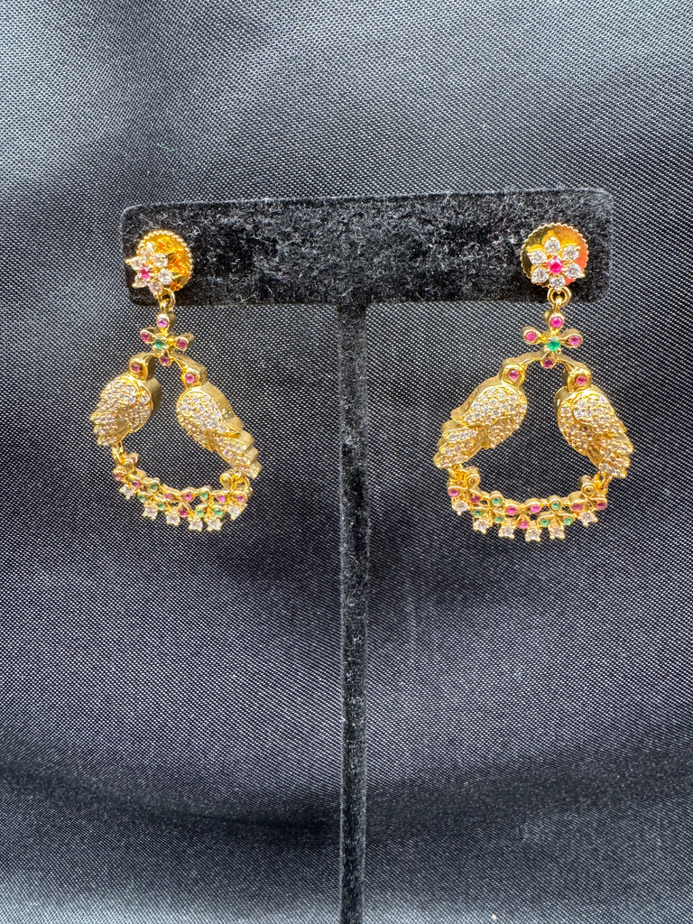 Cz stones and ruby stones birds design chandbali earrings