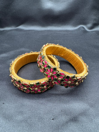 Bright pink and green color handmade Kundan kada bangles