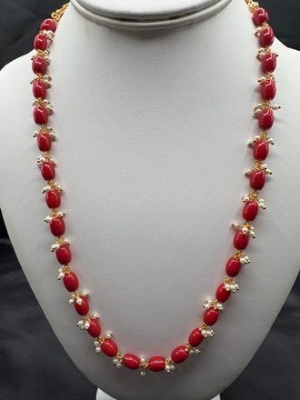 Coral beads with Swarovski pearls simple chain