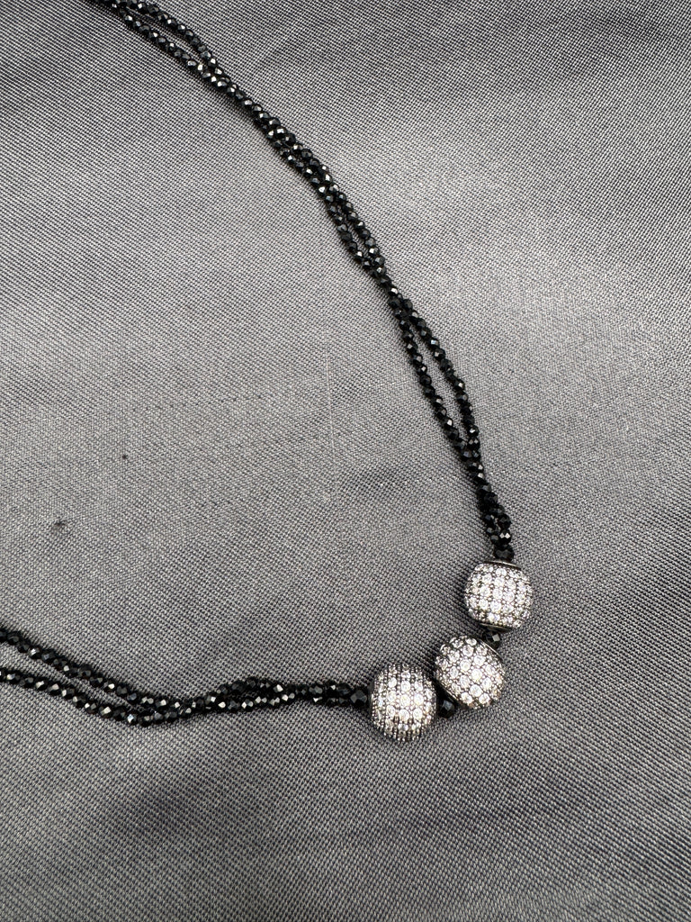 Double line black diamond beads with cz stones ball pendant