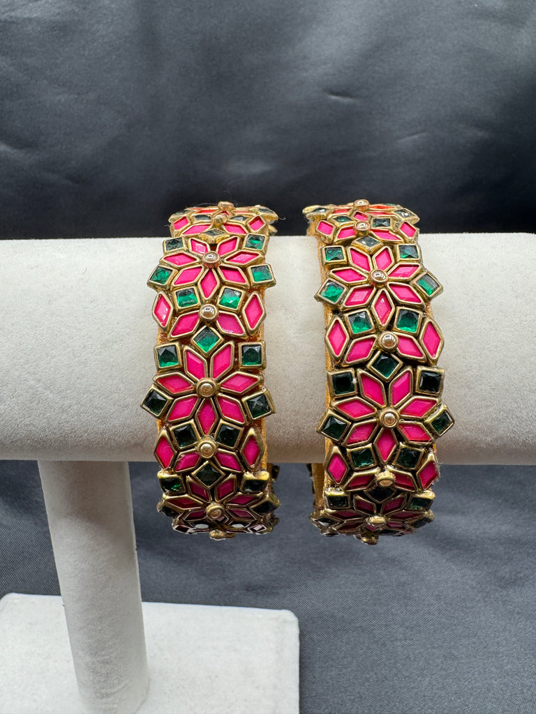 Bright pink and green color handmade Kundan kada bangles