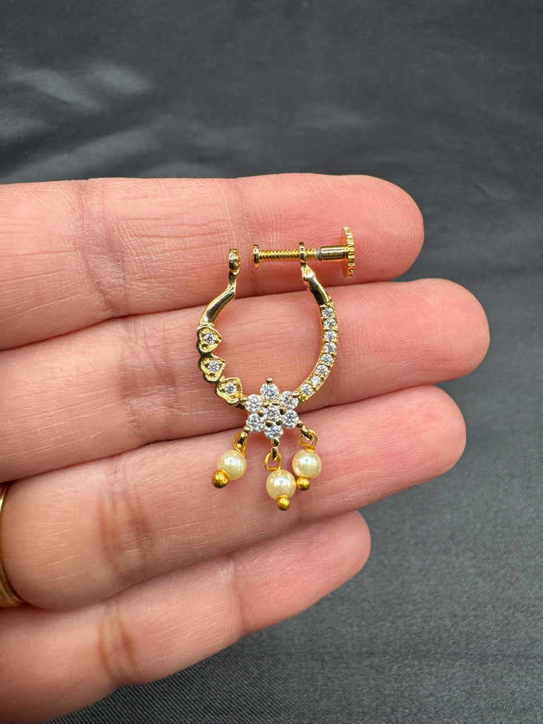 Flower design ca stones with pearls nose ring