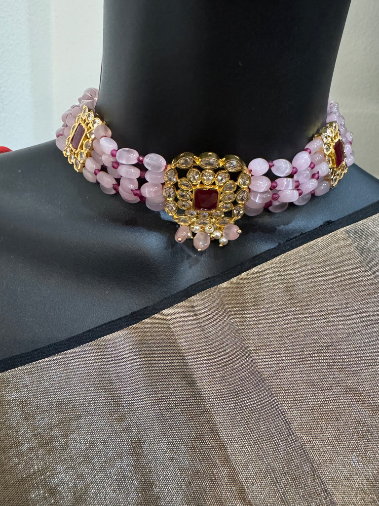 Pink & Red beads with cute CZ stones small pendant with matching earrings